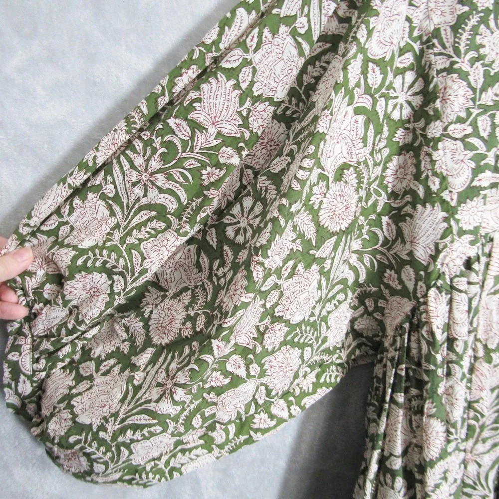 House of Sundar Mini Dress XXL Floral Print Green Pink Cotton Tie Neck - Picture 3 of 11